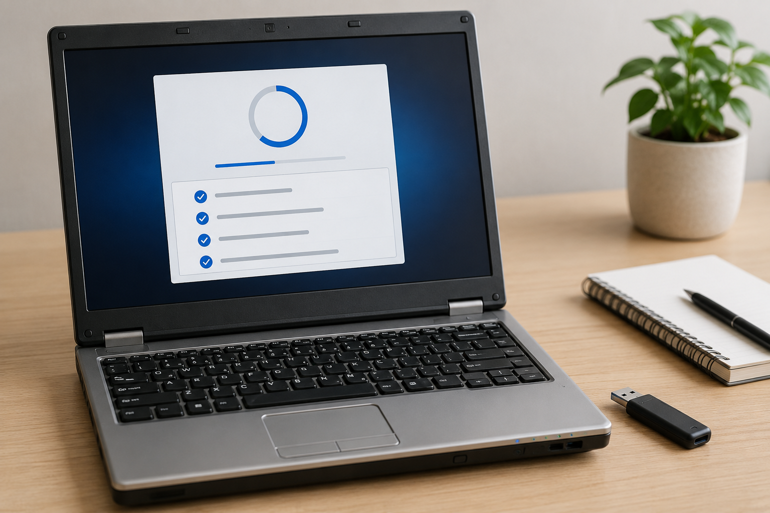 A USB flash drive beside an older laptop prepared for a ChromeOS Flex installation