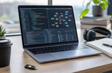 A developer workstation with code, dependency graphs, and security review tools on screen