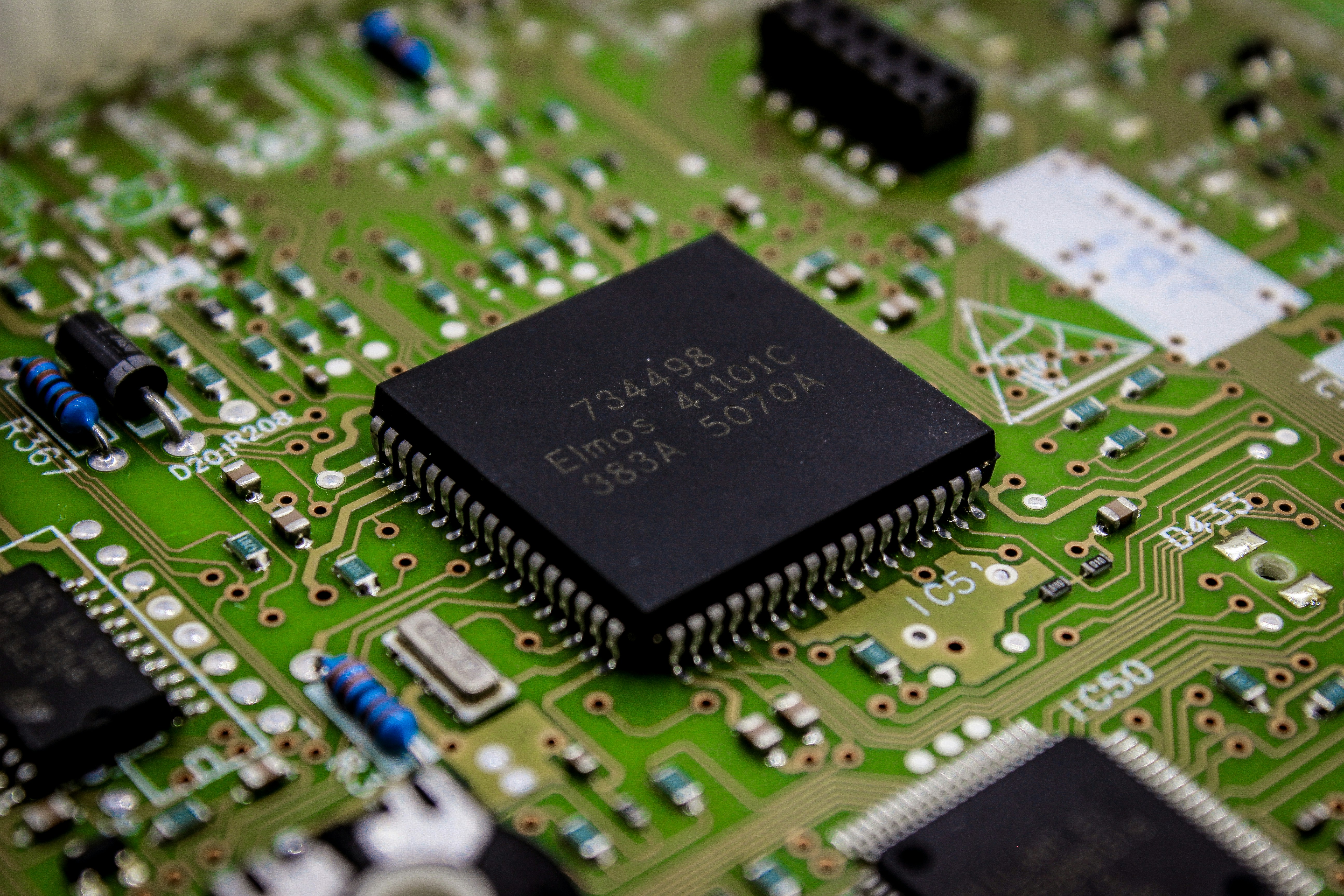 Close-up of a computer chip on a circuit board