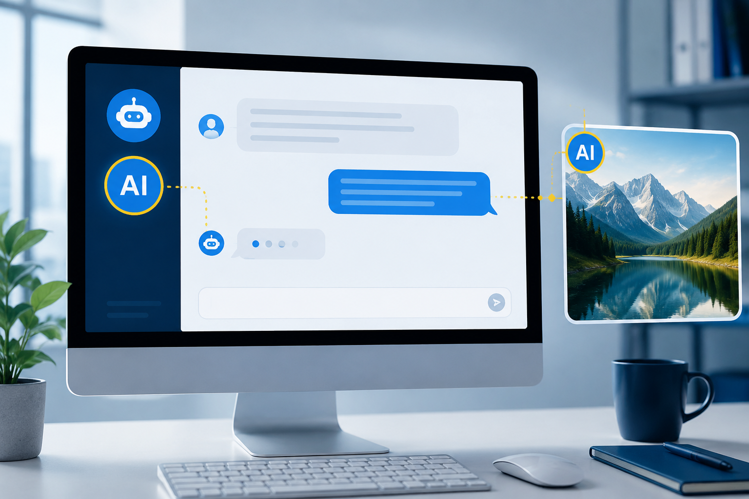 A computer screen showing chat bubbles and a small AI disclosure label for transparent chatbot interactions