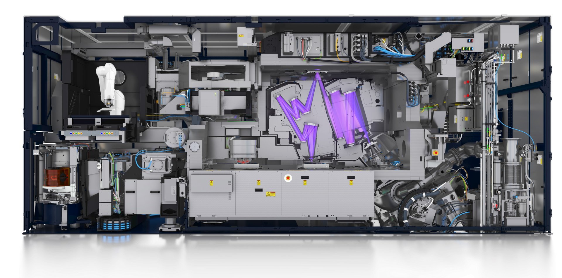 Cutaway view of an ASML NXE:3400 EUV lithography system used in advanced chip manufacturing