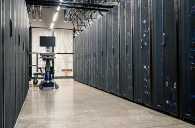 Rows of server racks inside a modern data center