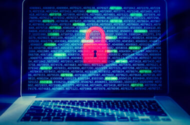 Laptop with a padlock graphic representing data security