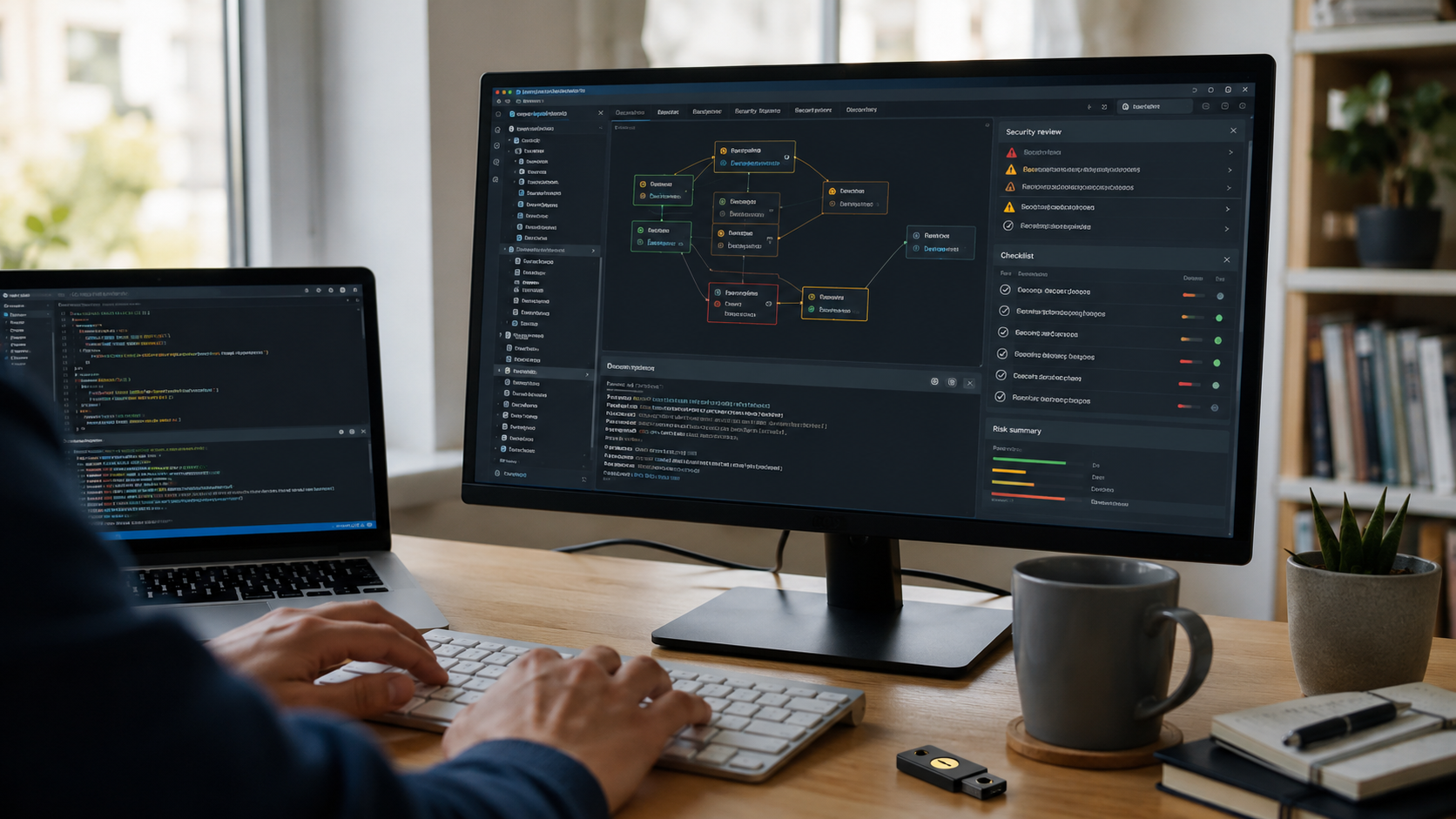 A developer reviews open-source dependencies and security checks before installing packages