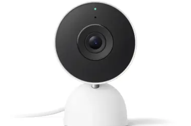 Google Nest Cam Indoor security camera, illustrating Gemini for Home camera updates for Familiar Faces and sound-aware event descriptions