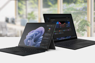 Microsoft Surface devices showing Windows and Microsoft Copilot experiences in an office setting