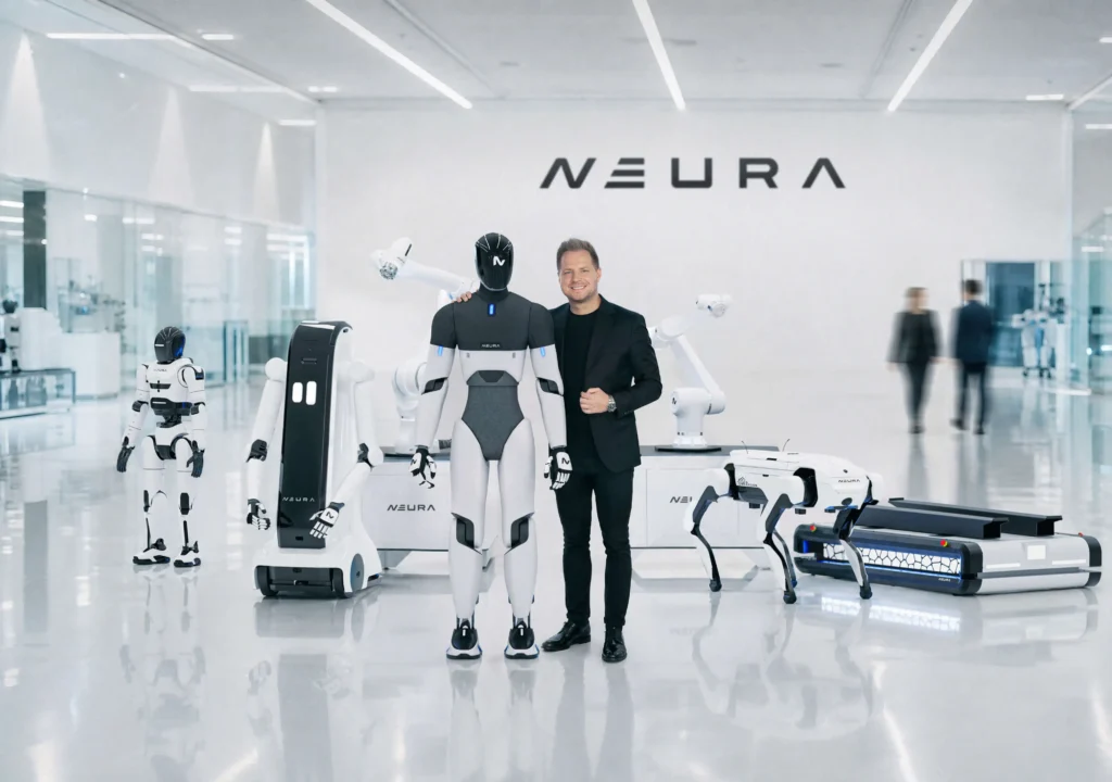 NEURA Robotics founder David Reger standing with 4NE1 humanoid and other NEURA robots in a showroom