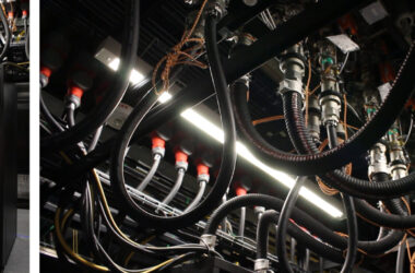Liquid cooling hoses and server infrastructure inside an NVIDIA AI factory reference design