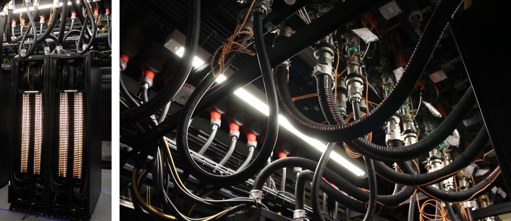Liquid cooling hoses and server infrastructure inside an NVIDIA AI factory reference design