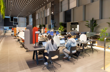 Office workers using laptops in a flexible workspace, representing AI training and workforce transition programs.