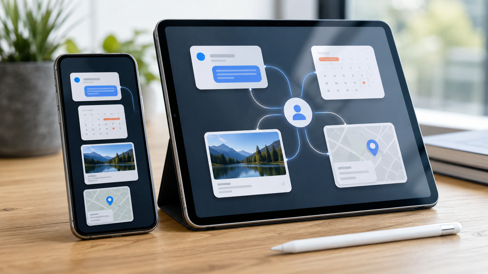 Devices showing abstract app context cards connected across messages photos calendar and maps