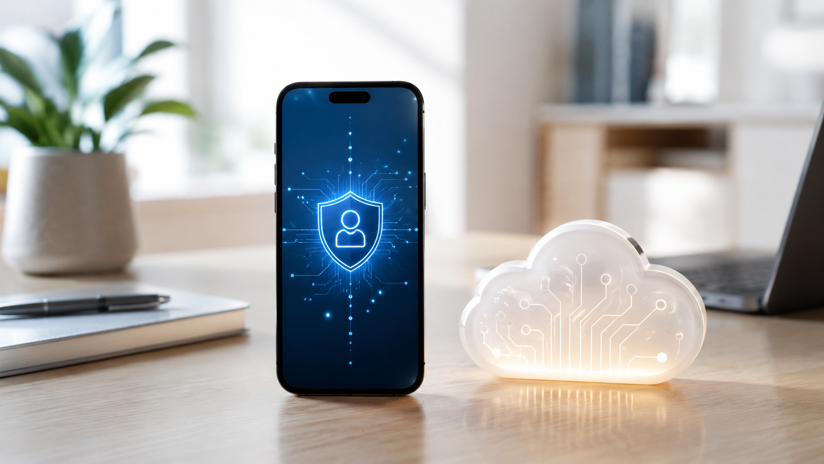 A phone with abstract privacy and AI processing symbols representing on-device and cloud intelligence