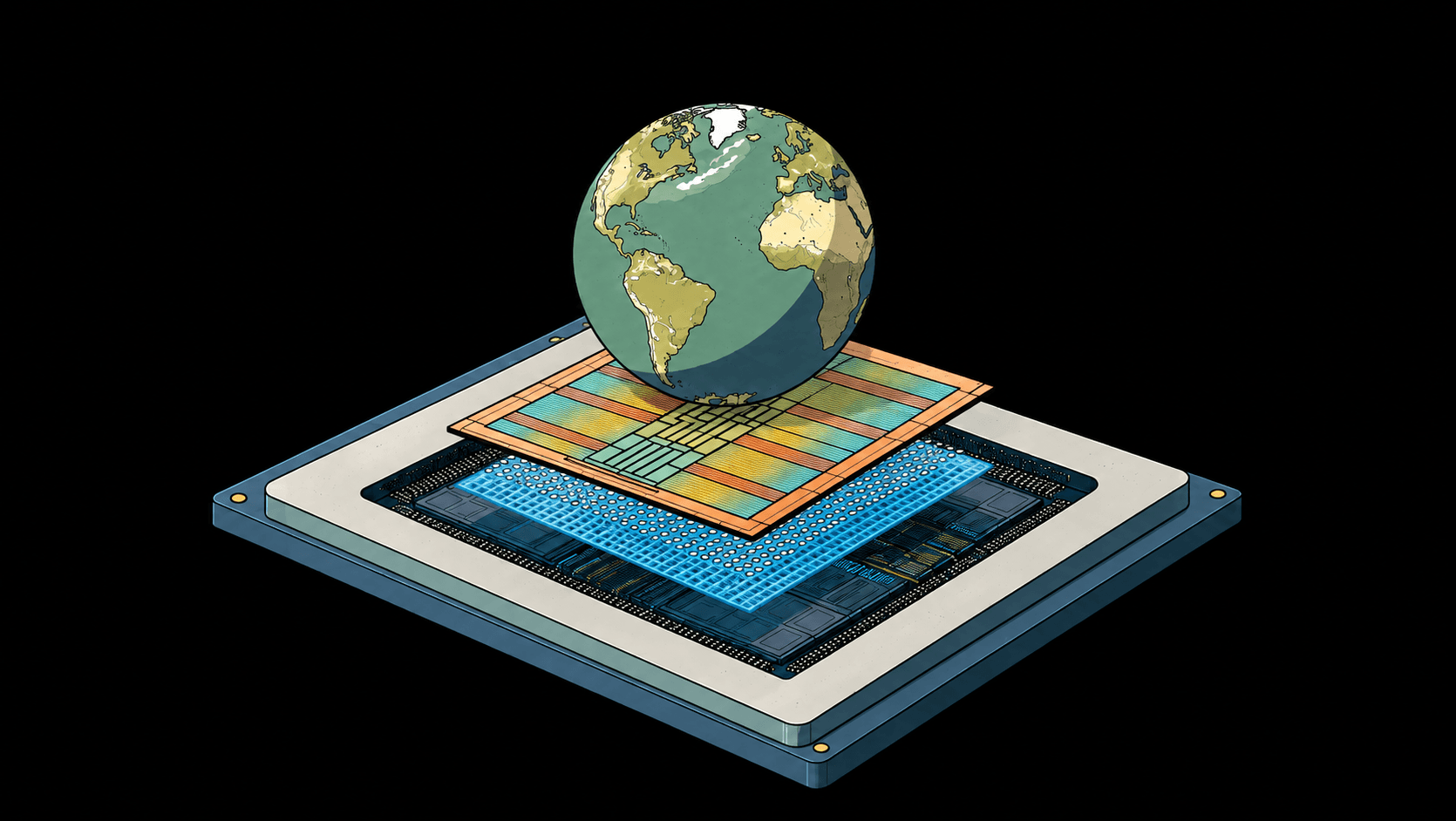 Illustration of Earth above layered computer chip components for the AMD acquisition of World Labs