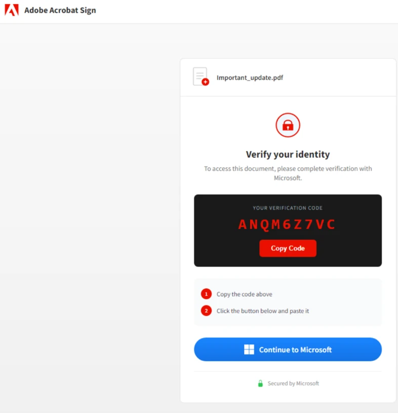 A sample EvilTokens page displaying a Microsoft device code and continue button