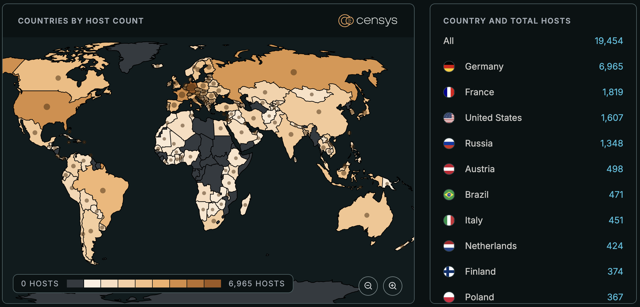World map showing hosts detected with the Collabora Built-in CODE Server app