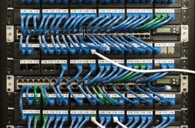 Ethernet cables connected to network switches in a server room
