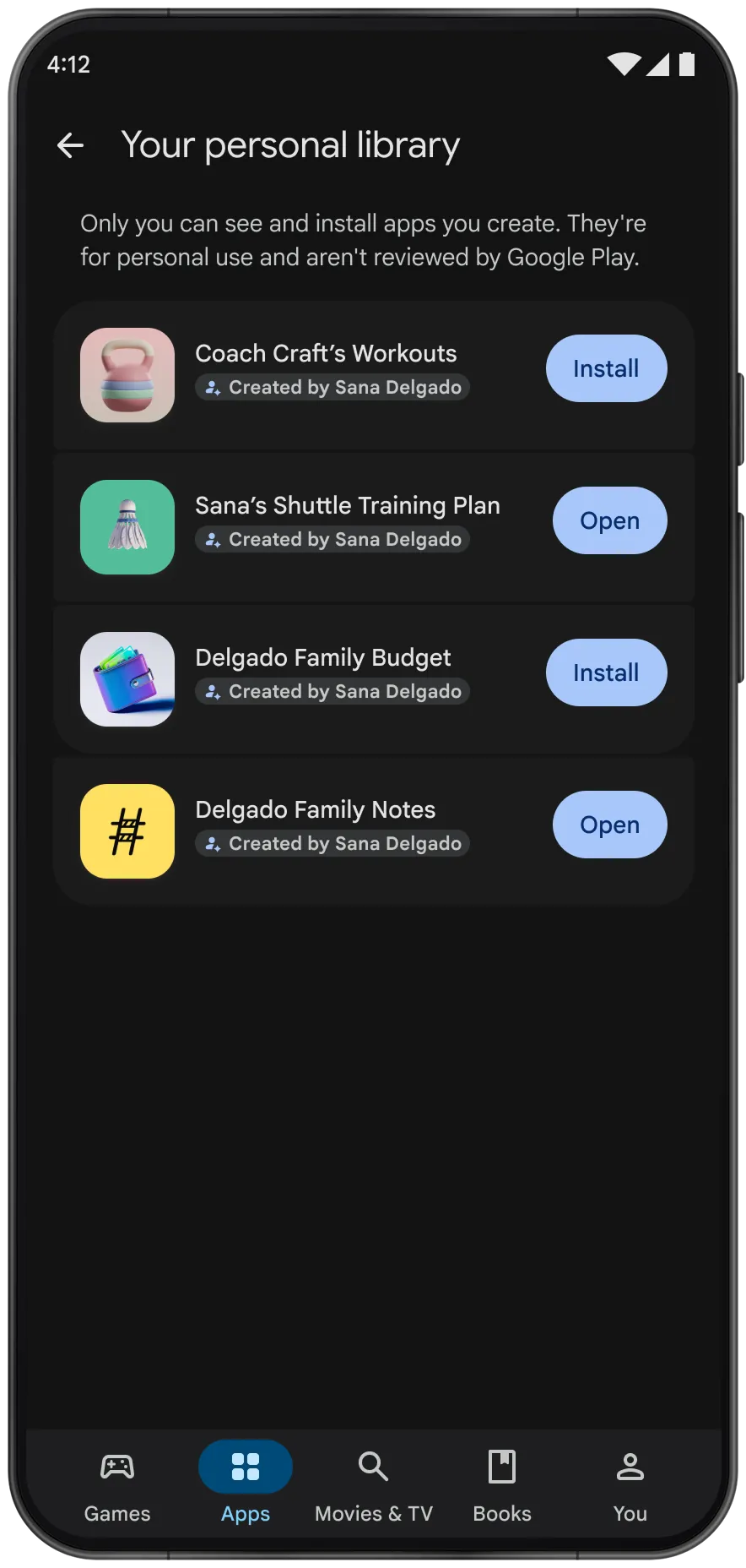 Google Play interface showing a personal app created with Google AI Studio